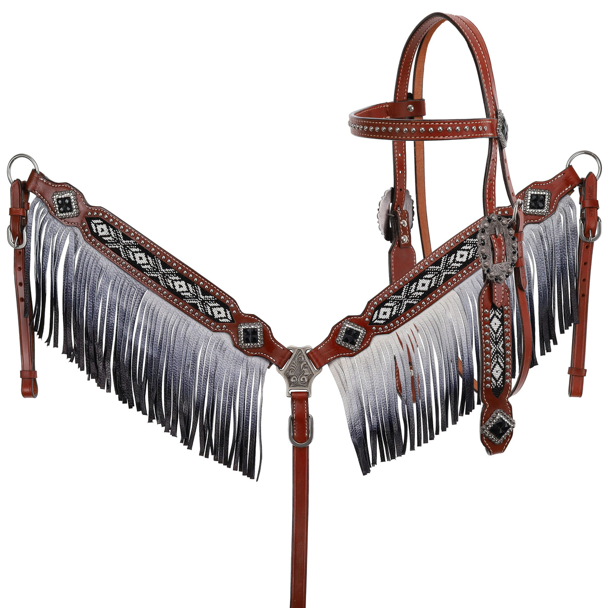 Showman Beaded Black and White Browband Headstall and Breastcollar Set