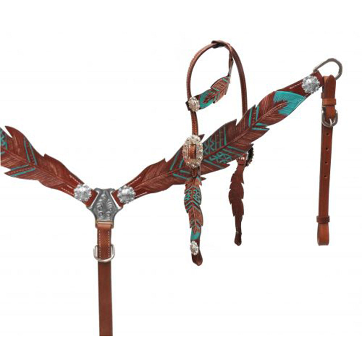 Showman Teal Feather One Ear Headstall and Breastcollar Set
