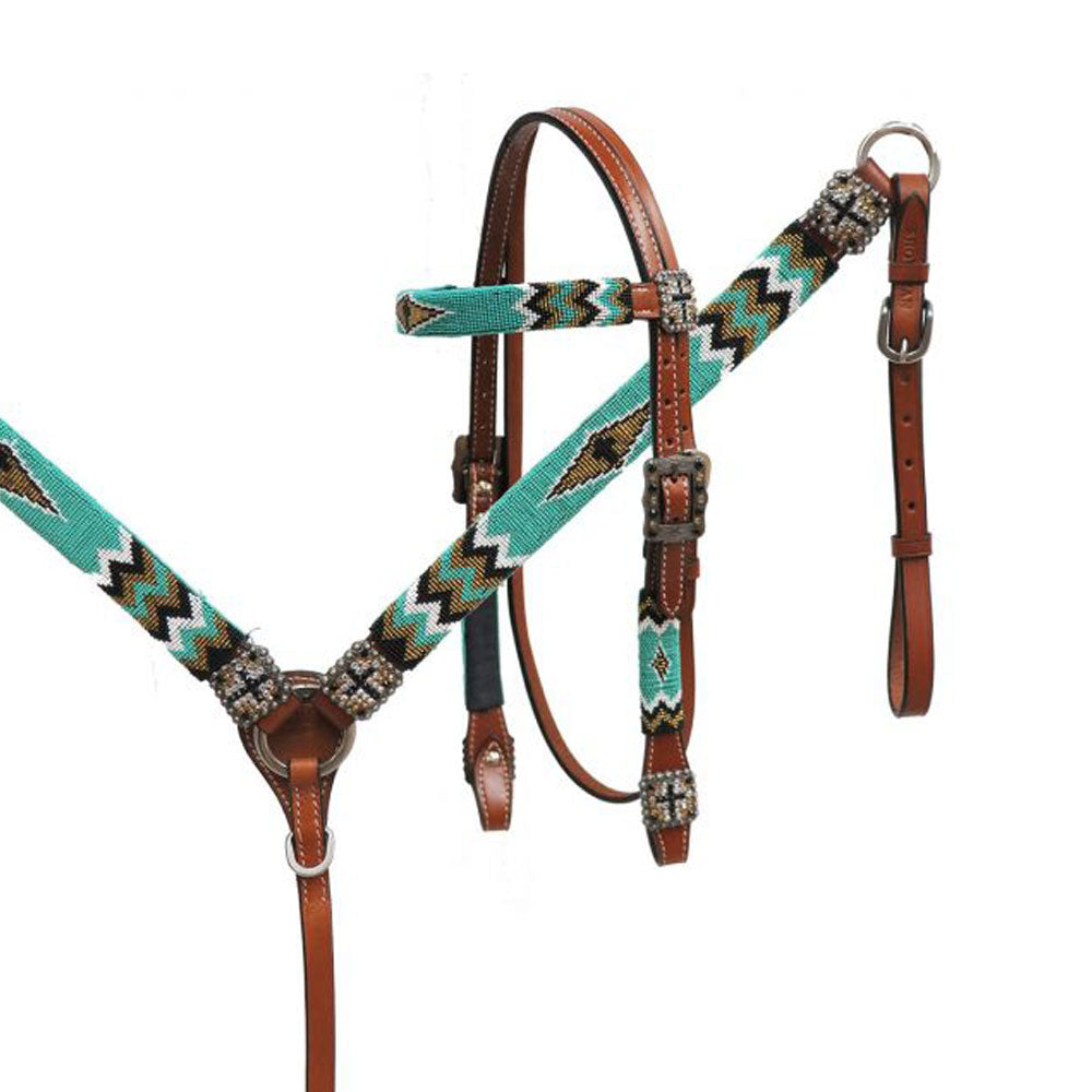 Showman Beaded Headstall and Breastcollar Set - Teal and White