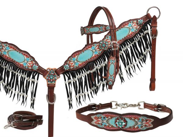 Showman Antique inspired print overlay headstall, breast collar and wither strap set with pearl fringe