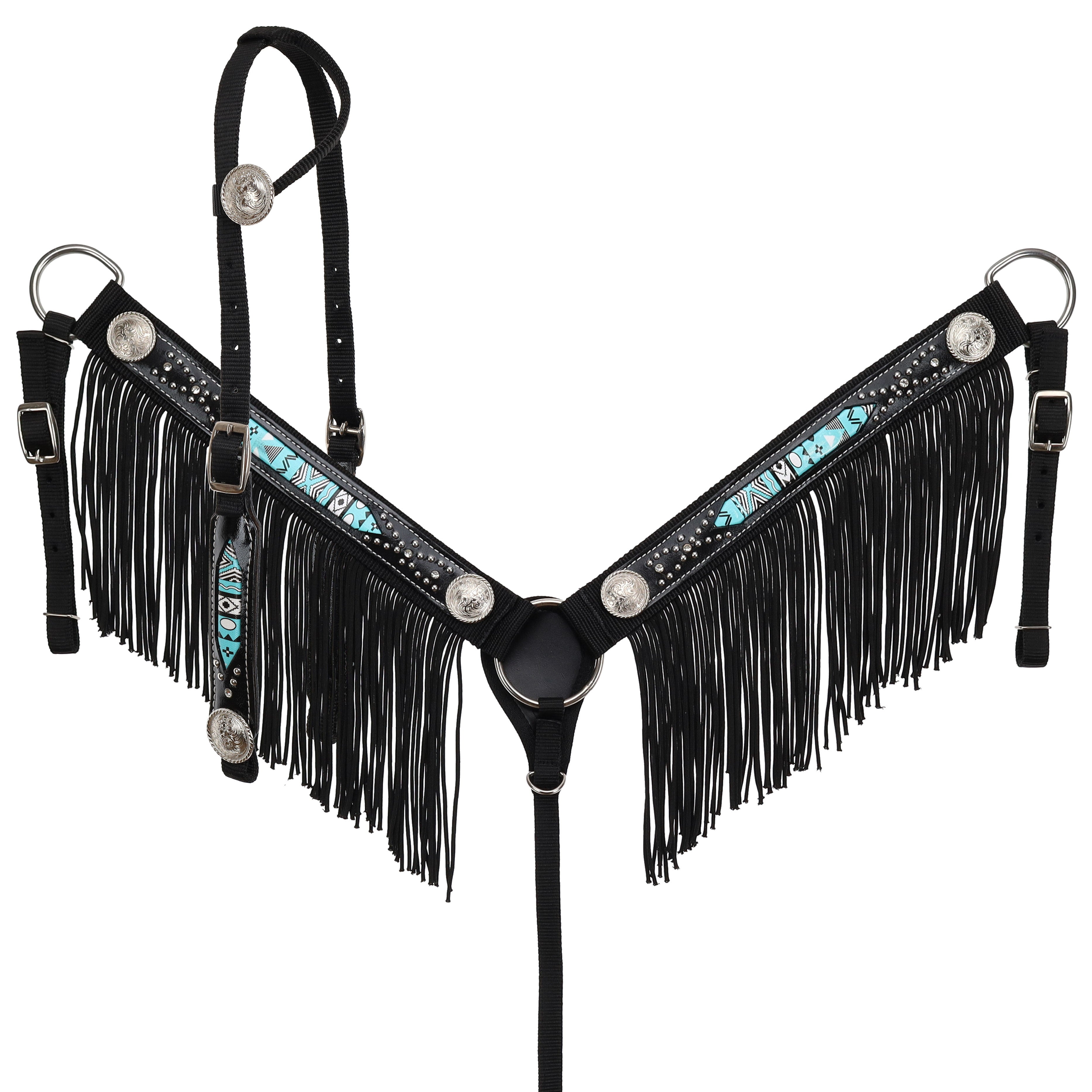 Showman Black and Turquoise Nylon One Ear Headstall and Breastcollar Set