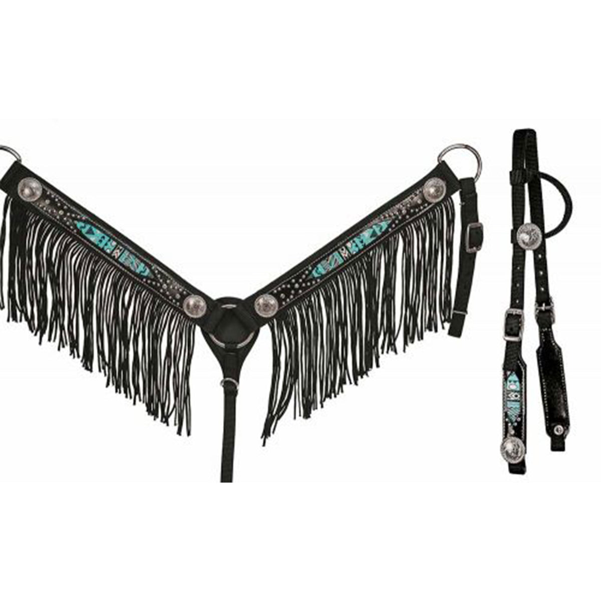 Showman Black and Turquoise Nylon One Ear Headstall and Breastcollar Set