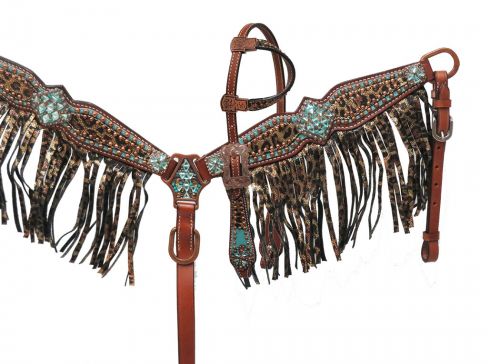 Showman PONY SIZE Bejeweled metallic leopard print headstall and breast collar set