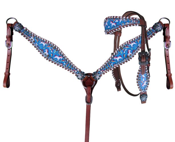 Showman PONY SIZE Rainbow Unicorn print headstall and breast collar set