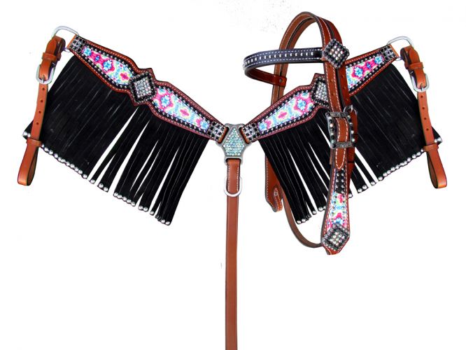 Showman Pony Size Pyschedelic Tie Dye browband headstall and breast collar set with black suede leather fringe