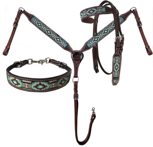 Showman Argentina Cow Leather 3 Piece Headstall and breast collar set with navajo beaded inlay