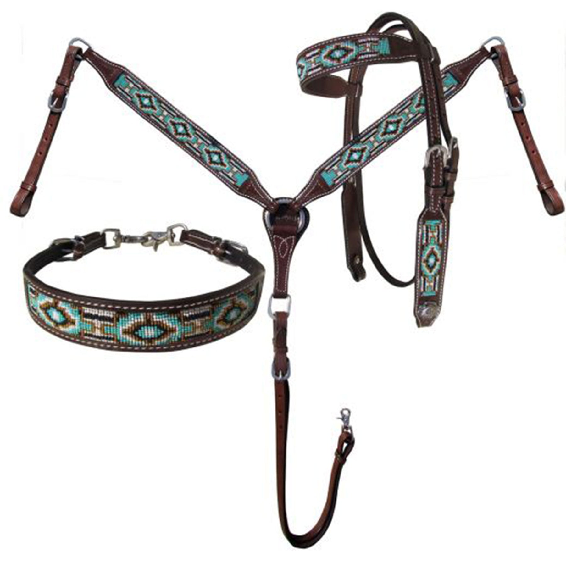 Showman Argentina Cow Leather 3 Piece Headstall and Breastcollar Set with Navajo Beaded Inlay