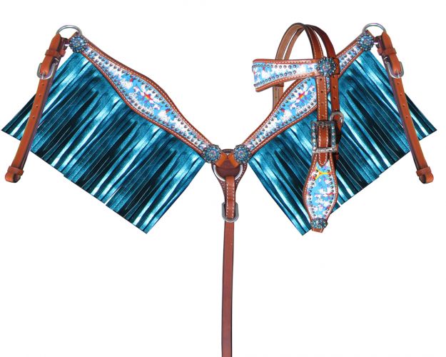 Showman PONY SIZE Blue Rainbow Unicorn print headstall and breast collar set