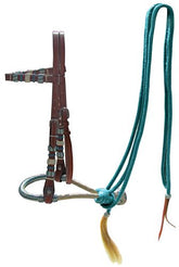 Showman leather bosal headstall with teal rawhide braided bosal and teal nylon mecate reins