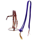 Showman leather futurity knot headstall with purple rawhide braided bosal and purple nylon mecate reins