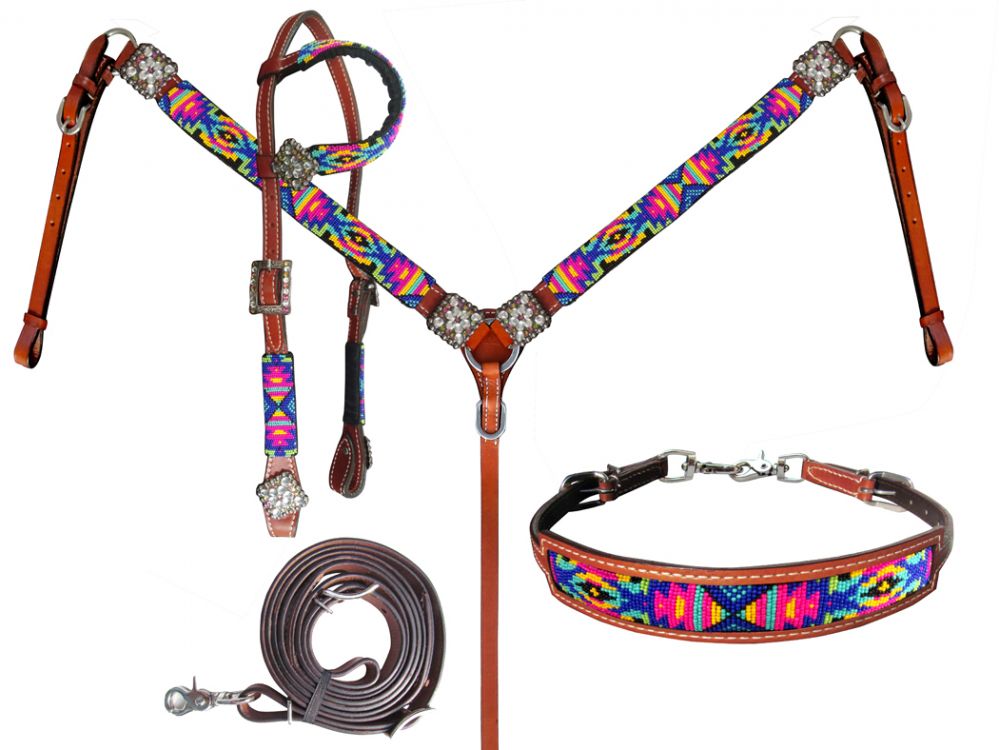 Showman Beaded Neon Tribal 4 Piece Headstall and Breastcollar Set