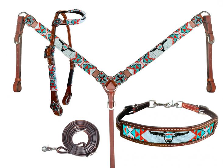 Showman 4-Piece Longhorn Beaded One Ear Headstall and Breastcollar Set