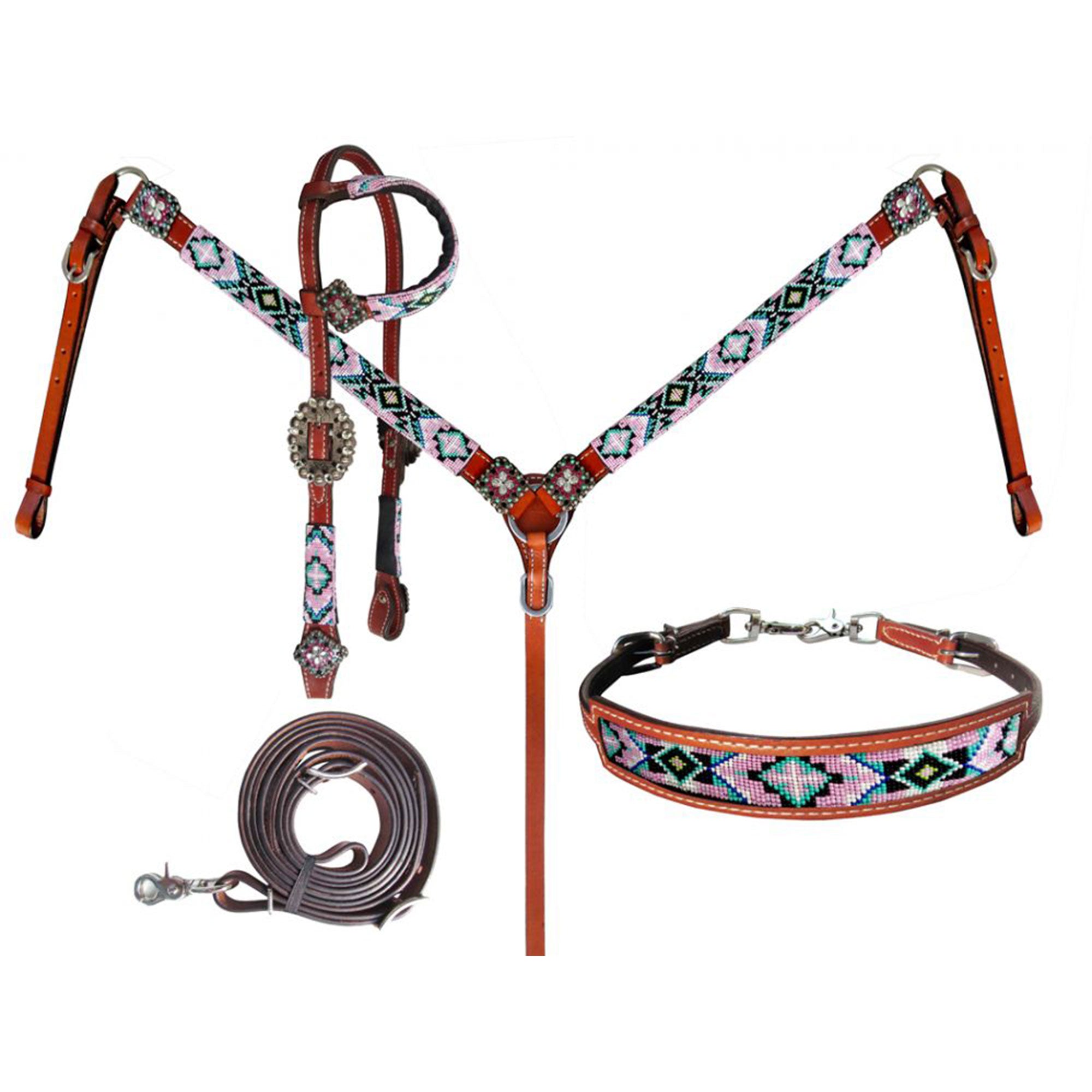 Showman 4-Piece Beaded Pastel One Ear Headstall and Breastcollar Set