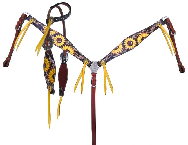 Showman Hand Painted Sunflower Print One Ear Headstall and Breast collar Set