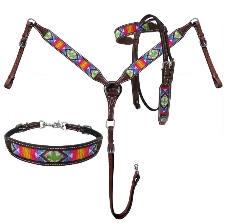 Showman Argentina Leather Beaded Southwest and Cactus 3 Piece Headstall and Breastcollar Set