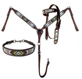 Showman Argentina Leather Beaded Southwest Arrow Design 3 Piece Headstall and Breastcollar Set