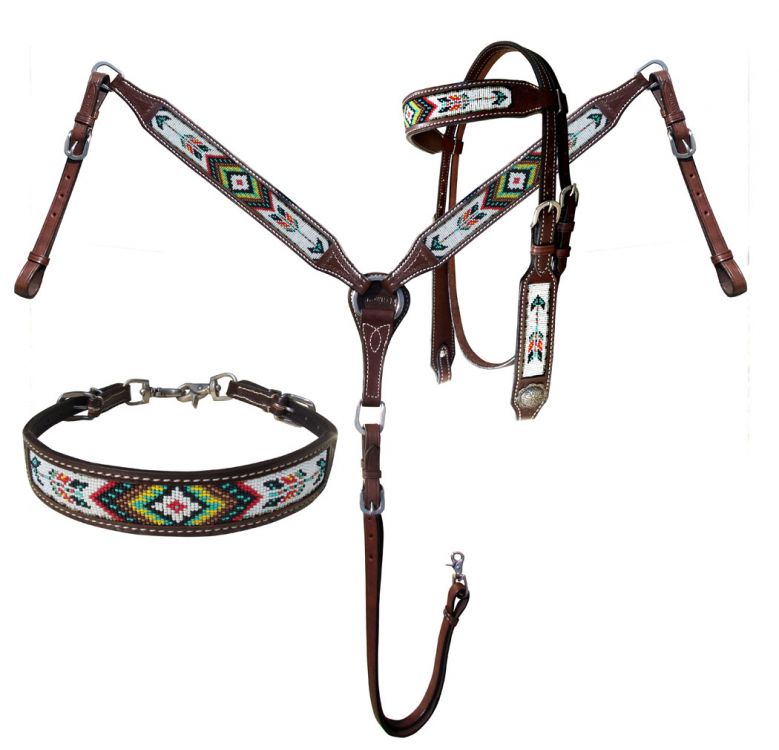 Showman Argentina Leather Beaded Southwest Arrow Design 3 Piece Headstall and Breastcollar Set