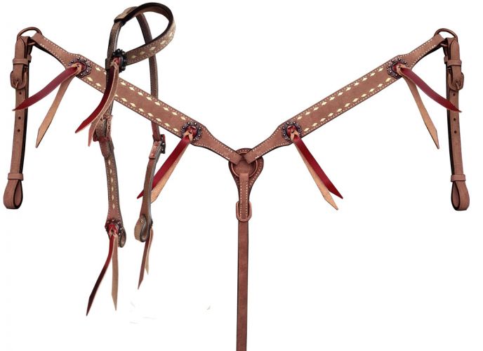 Showman Single ear headstall and breastcollar set with natural buckstitch trim
