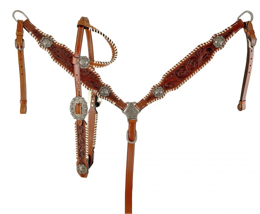 Showman One Ear Headstall and breast collar set with floral tooling and barrel racer conchos