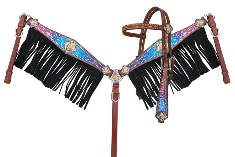 Showman Galaxy print browband headstall and breastcollar set with unicorn conchos and black suede leather fringe