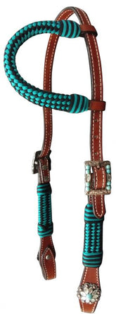 Showman Medium Oil Ear Headstall with teal pro braid accents