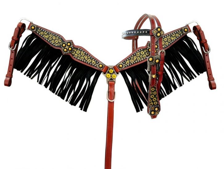 Showman PONY SIZE Sunflower print headstall and breast collar set with fringe