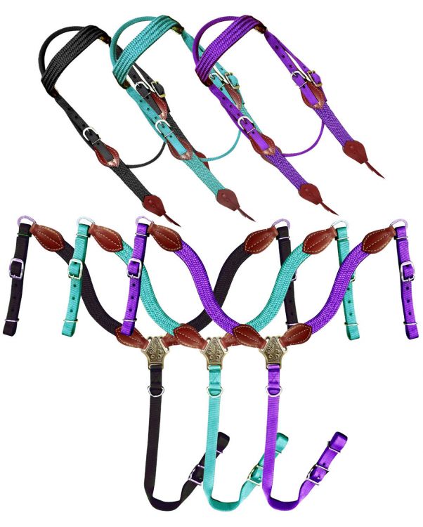 Showman Nylon Browband Headstall and Breastcollar Set with Leather Accents
