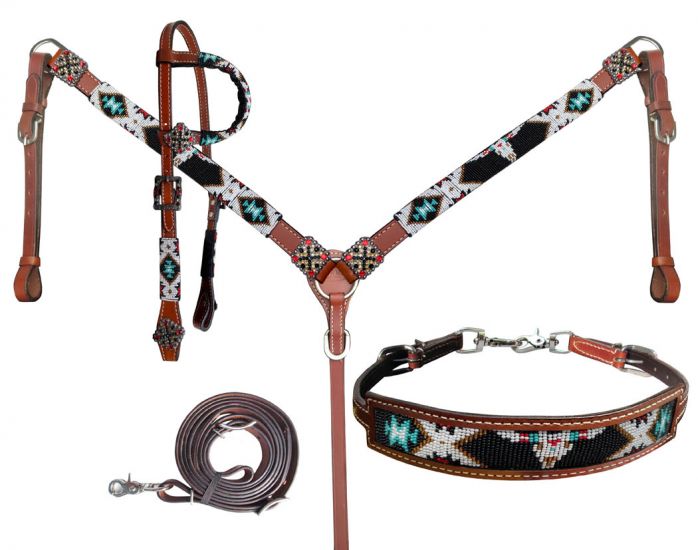 Showman SW beaded One Ear headstall and breastcollar set with wither strap contest reins