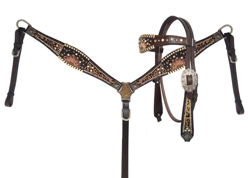 Showman Cheetah print hair on inlay with sunflower accent browband headstall and breast collar set with beads and engraved conchos and hardware