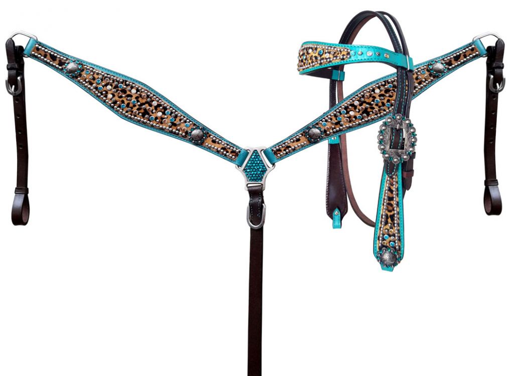 Showman Hair on Cheetah with metallic teal accent browband headstall and breast collar set with beads and engraved conchos and hardware