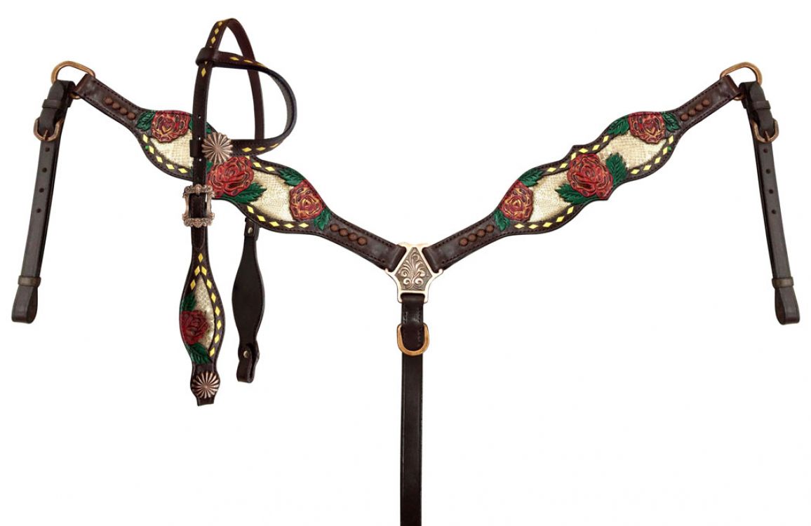 Showman Gold snake print inlay with painted rose accent one ear headstall and breast collar set