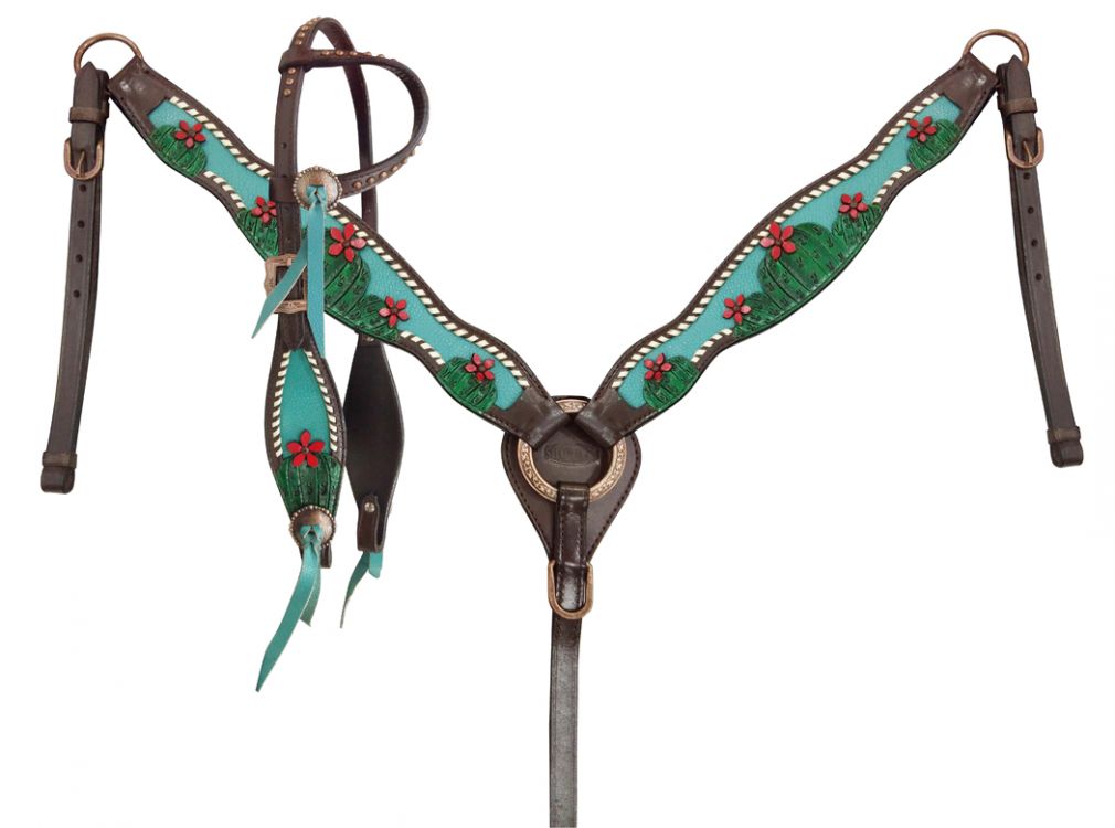 Showman Painted Cactus with 3D flower accent one ear headstall breast collar set