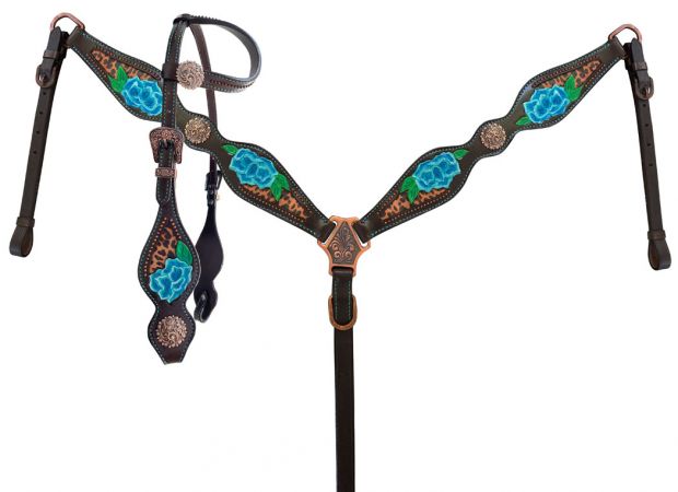 Showman Cheetah print inlay with painted blue flower accent one ear headstall and breast collar set