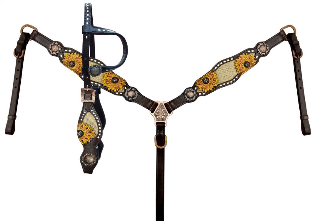 Showman One Ear Headstall  Breastcollar set with burlap inlay with painted sunflower accent