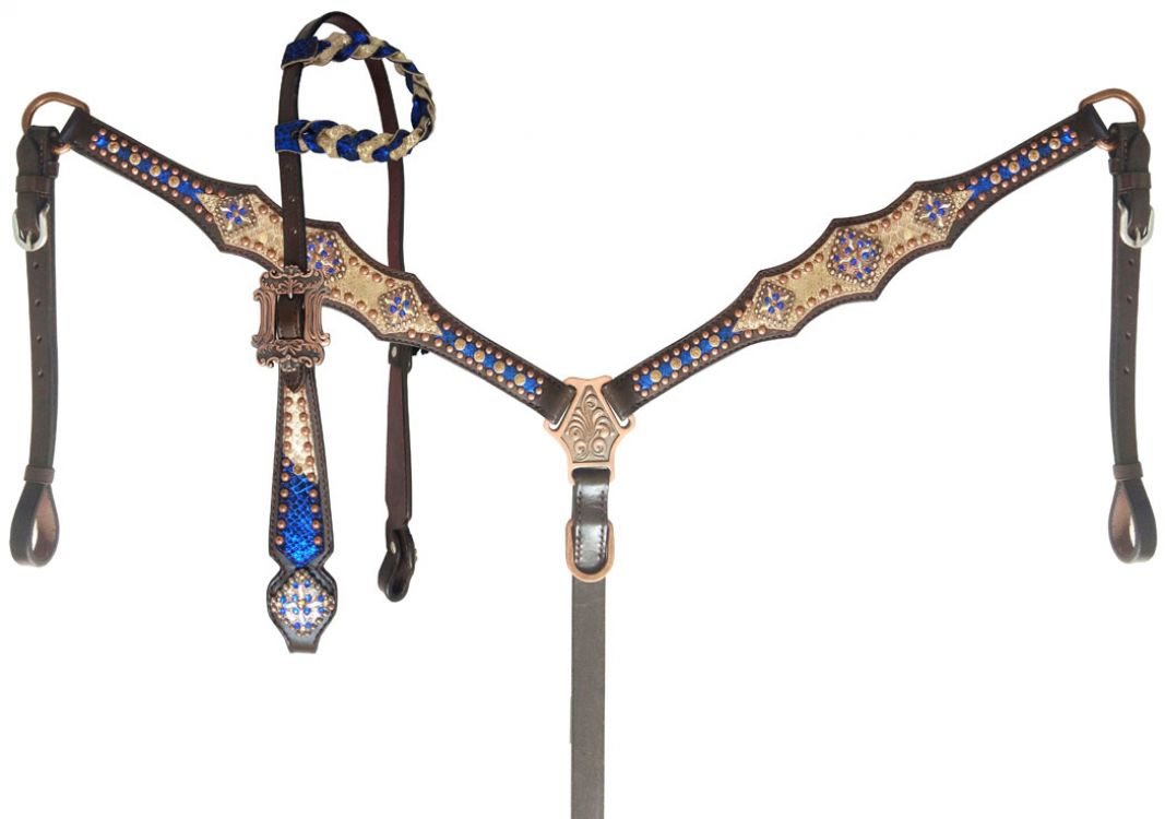 Showman Royal Blue and Gold Braided Single Ear Headstall and Breast Collar Set