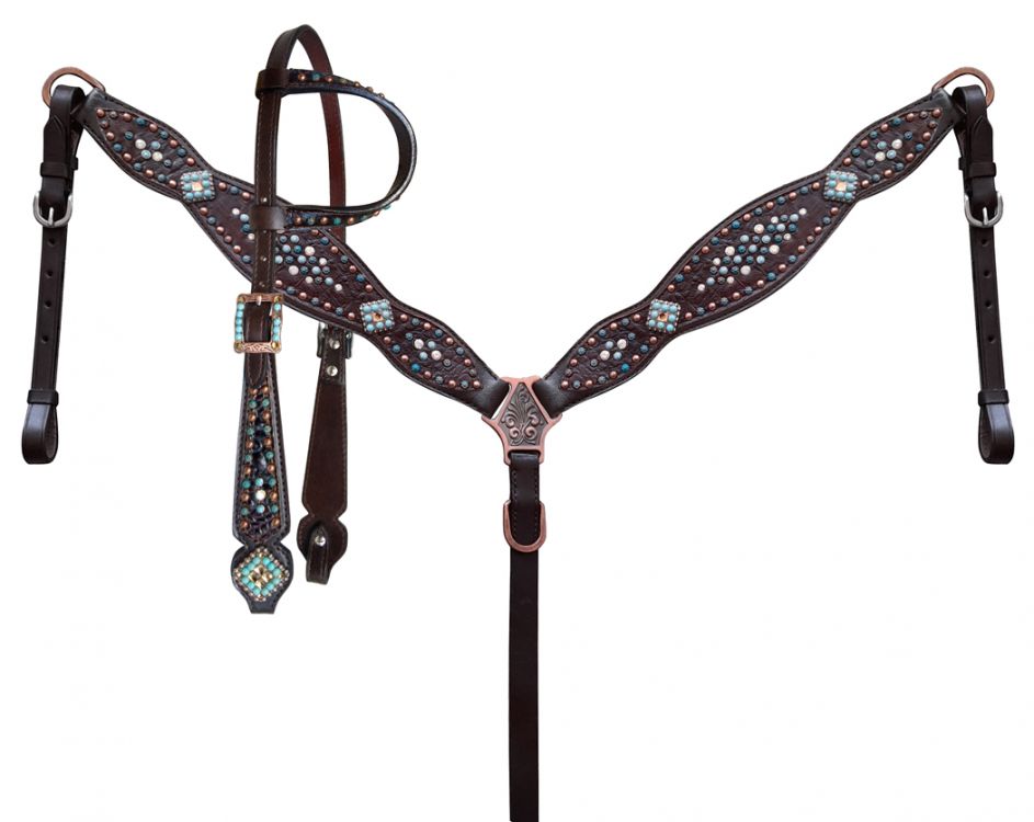 Showman Gator inlay one ear headstall and breast collar set with turquoise, and copper beading