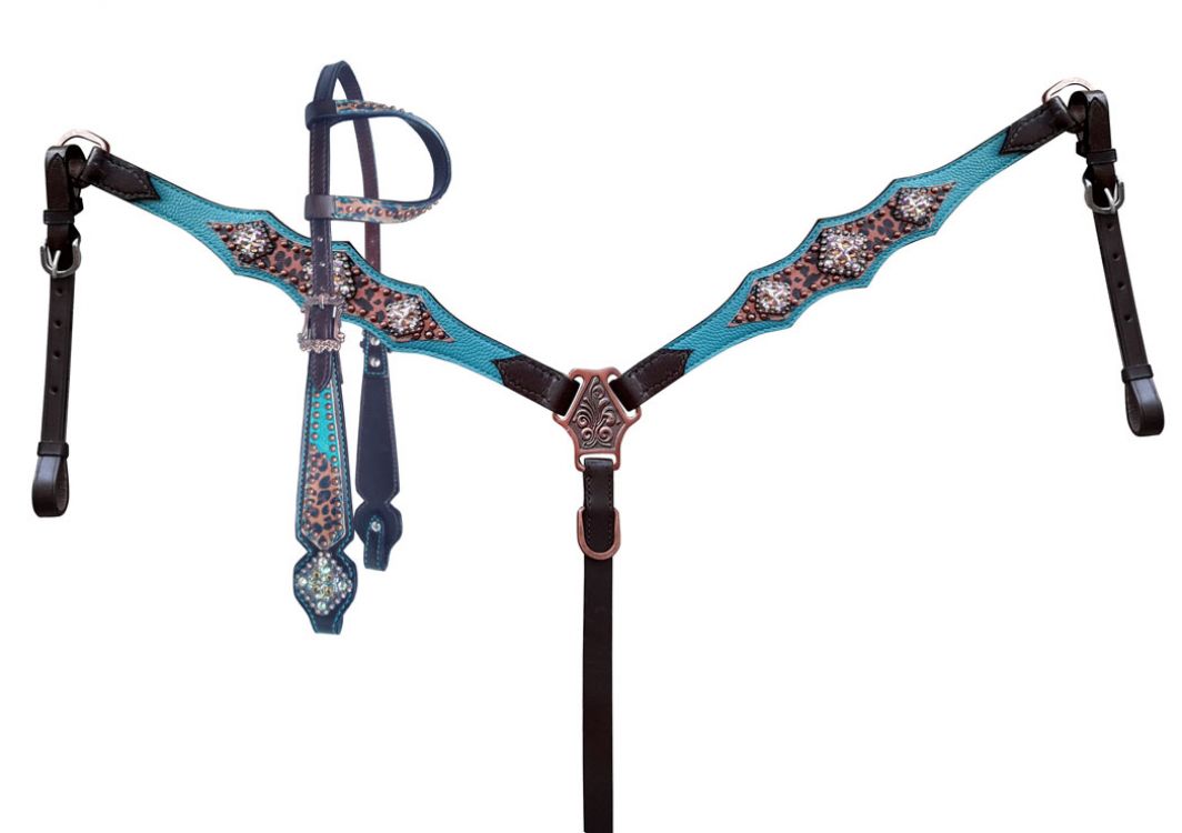 Showman Cheetah overlay with teal accent Leather One Ear headstall and breastcollar set