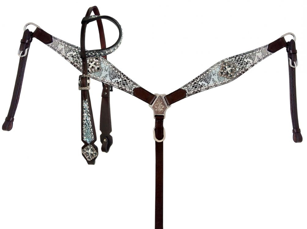 Showman Snakeskin inlay one ear headstall and breast collar set with silver beading
