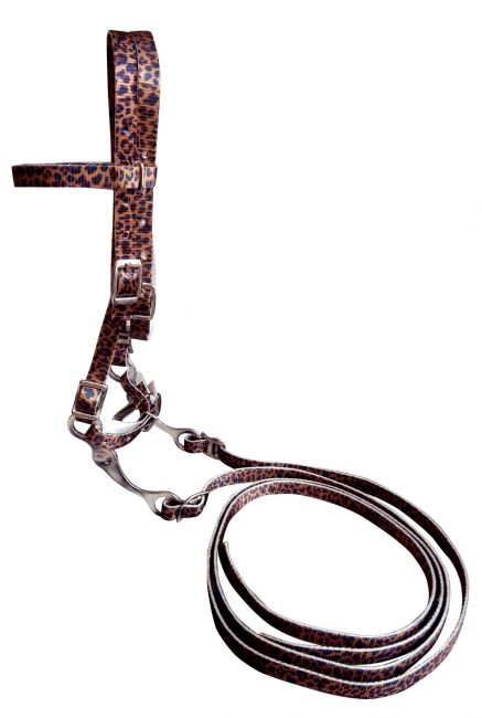 Showman Pony Size Premium nylon browband headstall & Reins with bit in a cheetah print design