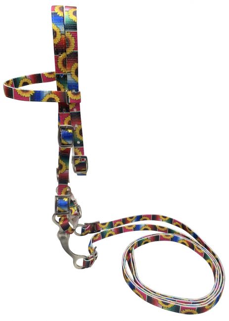 Showman Pony Size Premium nylon browband headstall  Reins with bit in a sunflower  Serape print design