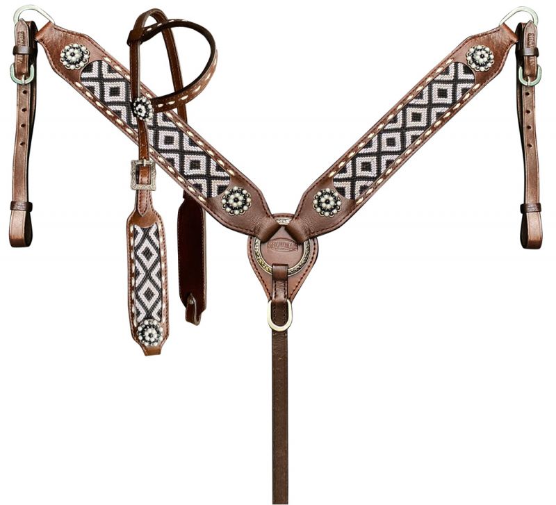 Showman Woven Fabric Southwest Overlay leather One Ear Headstall and Breastcollar Set