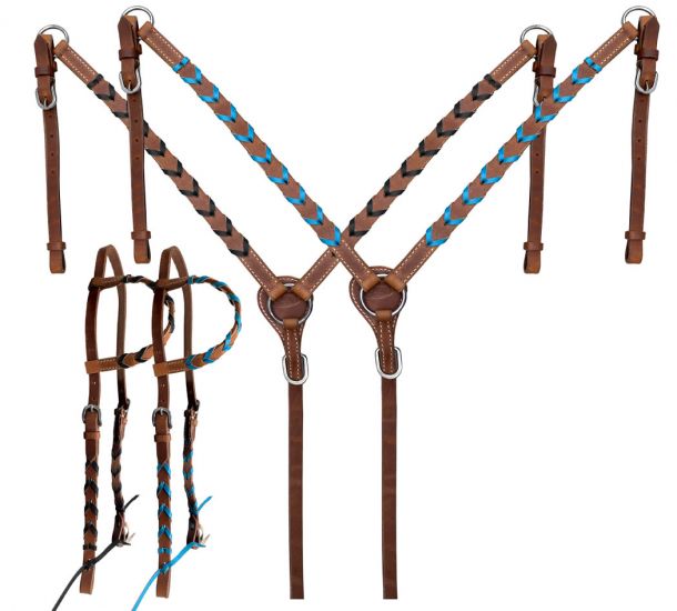Showman Argentina cow harness leather one ear headstall and breast collar set with colored lacing
