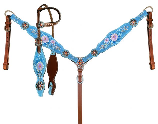 Showman One Ear Headstall and Breast Collar Set Painted Blue with Flower accents