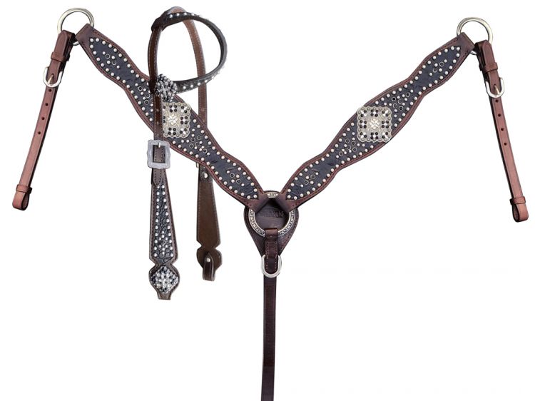 Showman Gator print inlay one ear headstall and breast collar set with silver and black beading