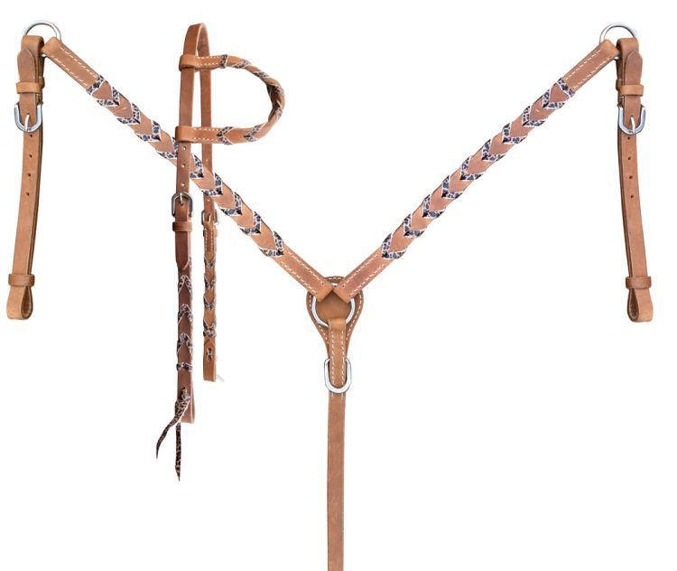 Showman Argentina cow harness Leather one ear headstall and breast collar set with cheetah print lacing