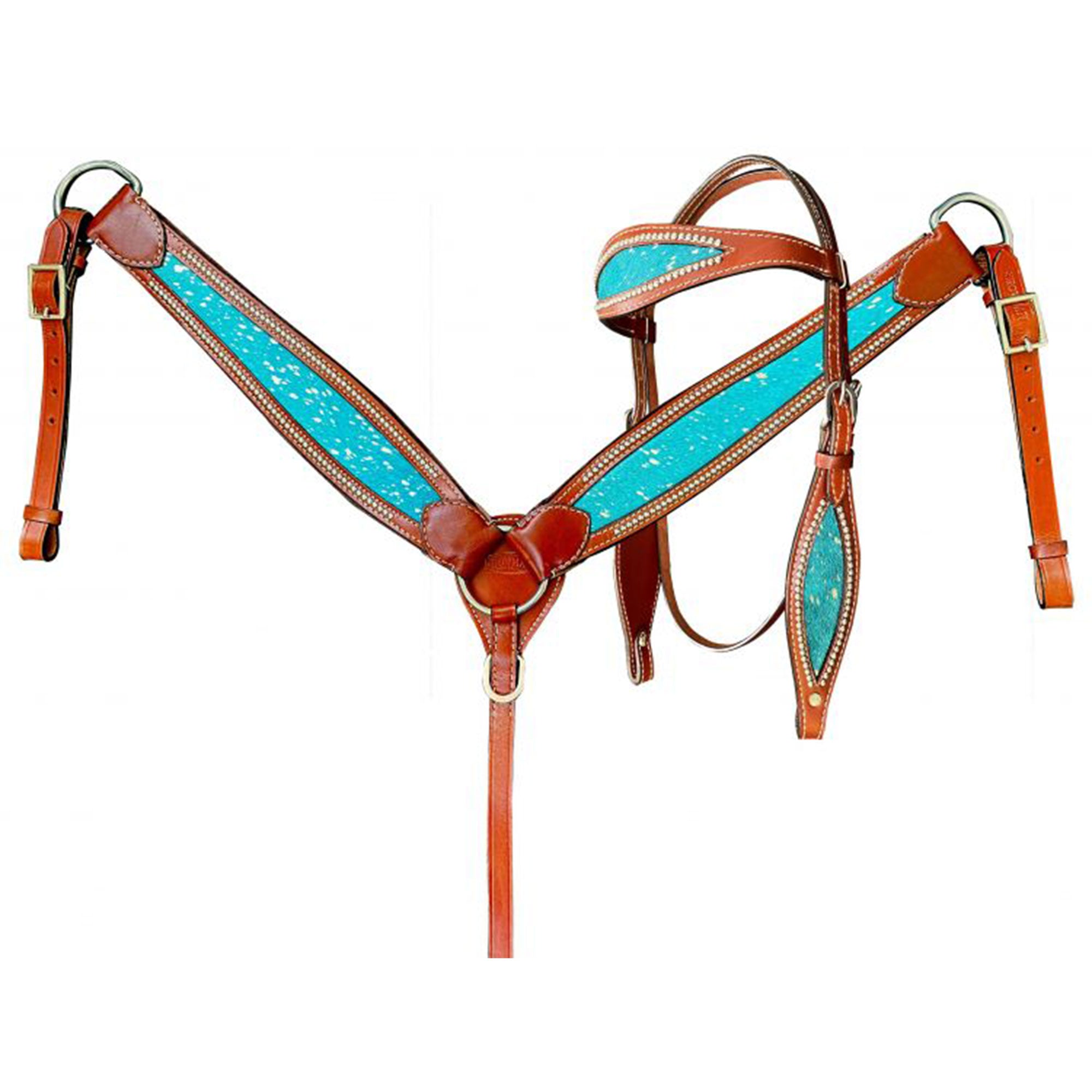 Showman Teal Acid Wash Cowhide Browband Headstall and Breastcollar Set