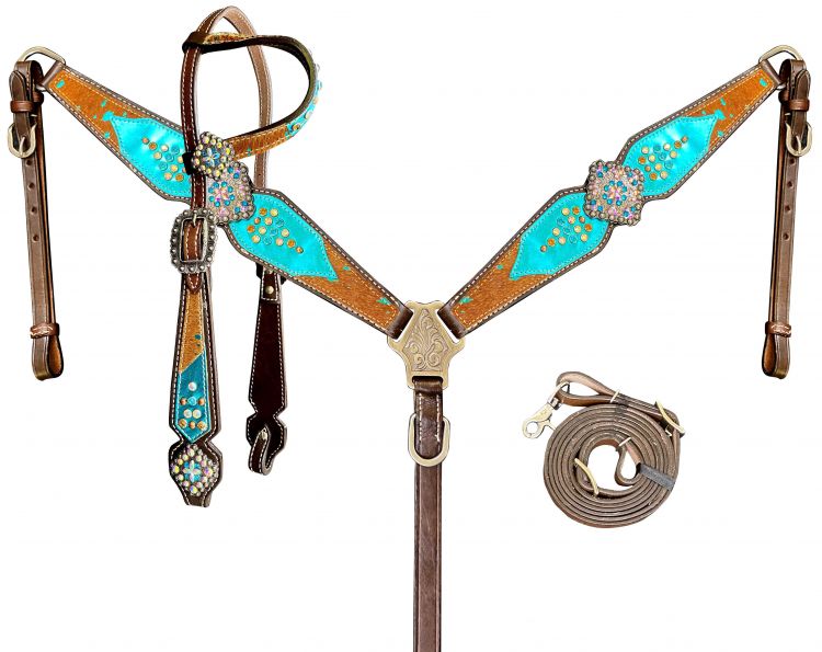Showman Chocolate Leather One Ear Headstall & Breast Collar Set with Brown Hair on Cowhide acid wash and Teal leather accents