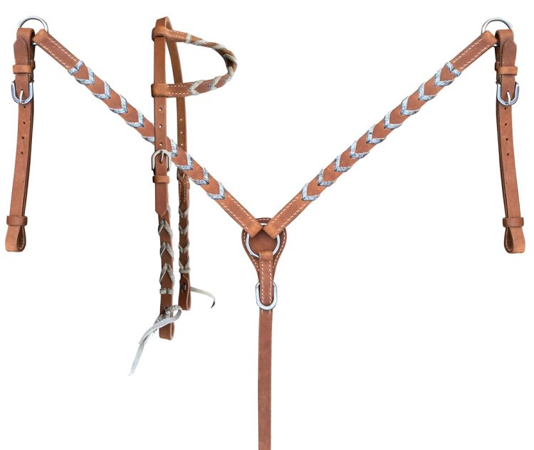 Showman Argentina cow harness Leather one ear headstall and breast collar set with hair on cowhide lacing
