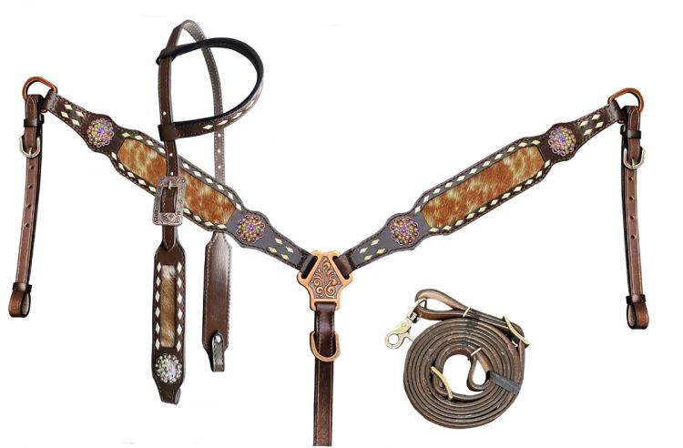 Showman Brown and White hair on cowhide One Ear Headstall and Breast Collar Set, with rawhide lacing