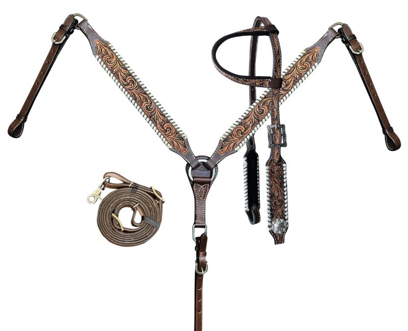 Showman Two-Tone Tooled Single Ear Headstall and Breast Collar Set with rawhide lacing